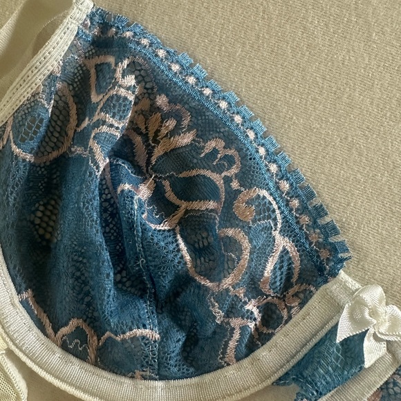 Elegant Blue and Cream Lace Bra Set - Picture 6 of 7